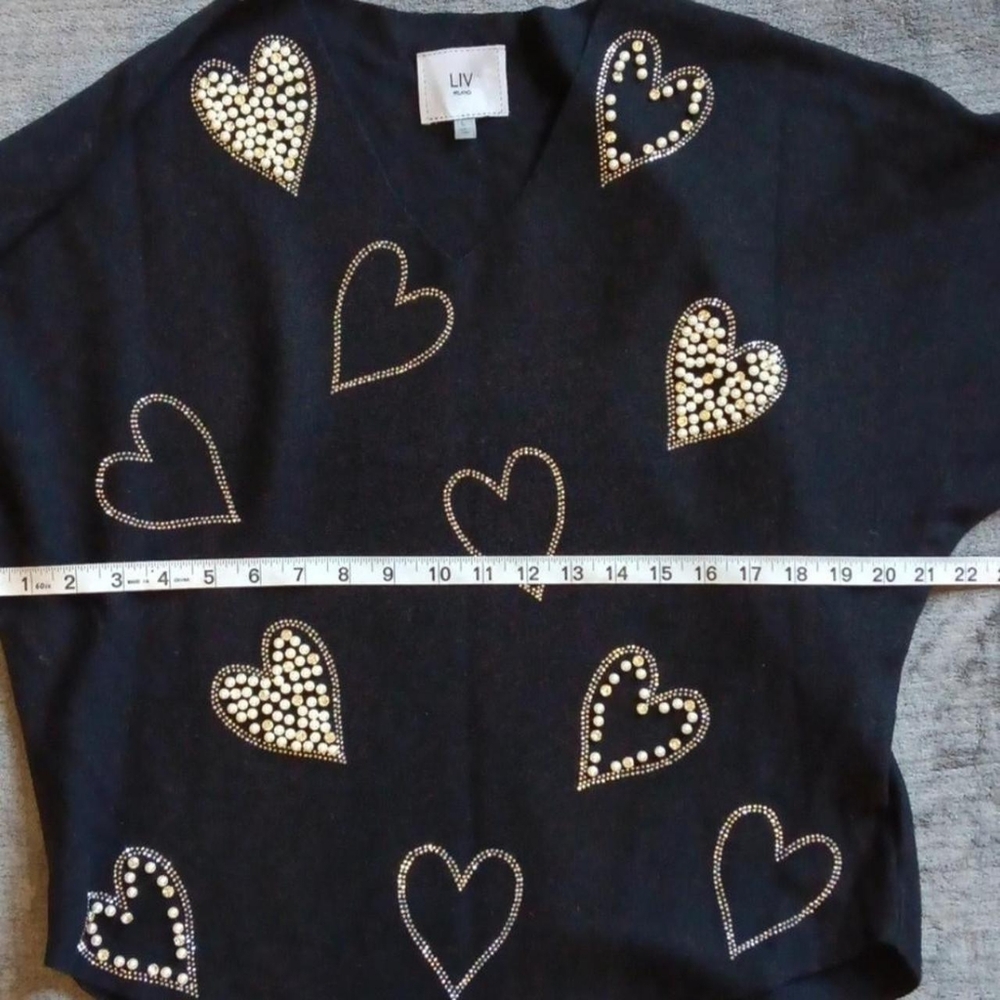 Liv Milano Beaded Heart VNeck Long Sleeve Sweater Soft Slouchy Black White Large - Picture 4 of 8